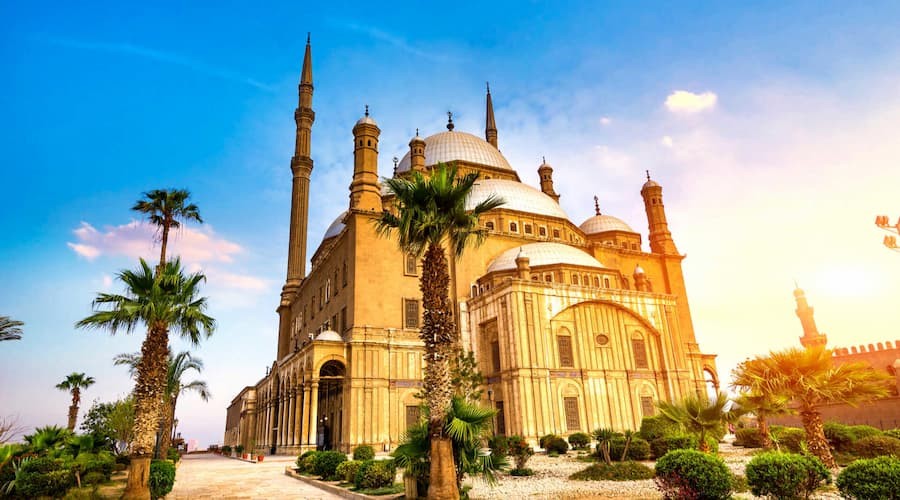 Panoramic view of the Mosque of Muhammad Ali inside Cairo Citadel with historic architecture and city backdrop